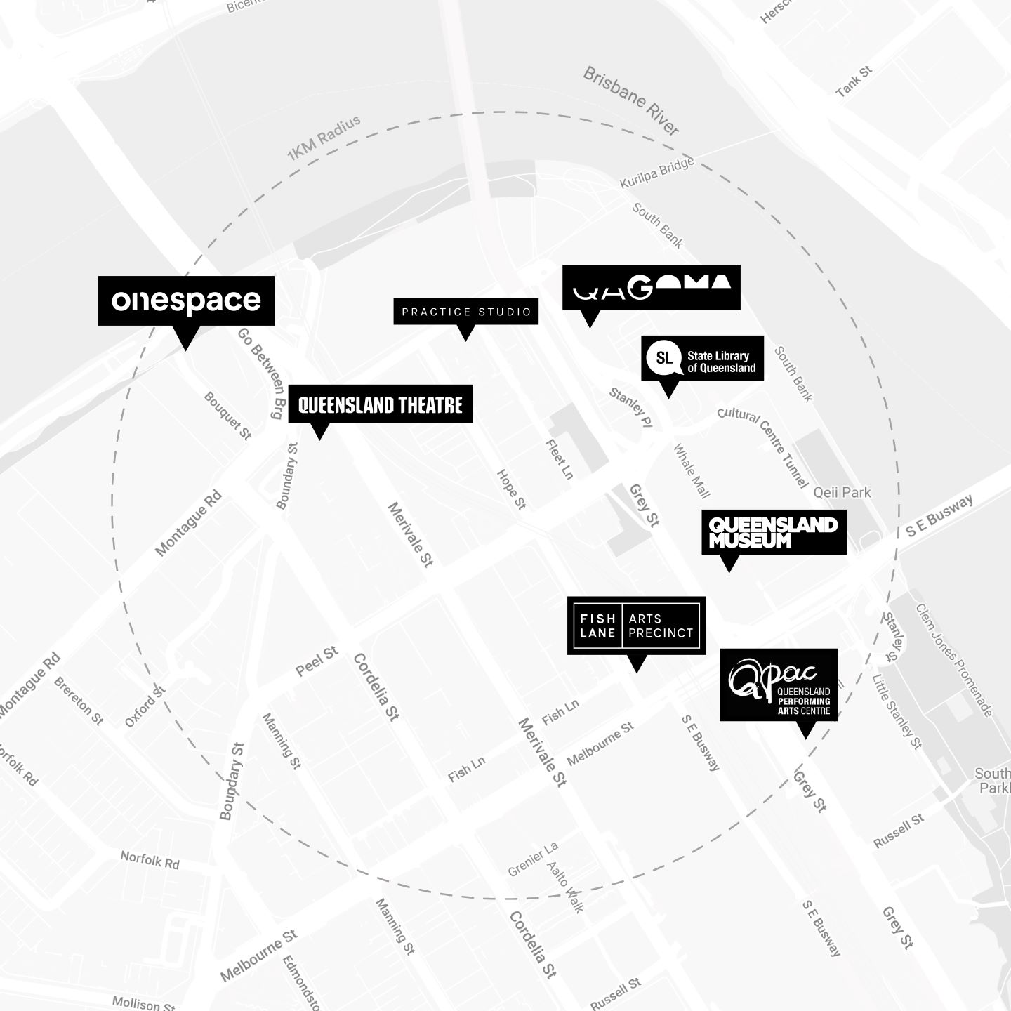 Greyscale map of Onespace Gallery location in South Brisbane